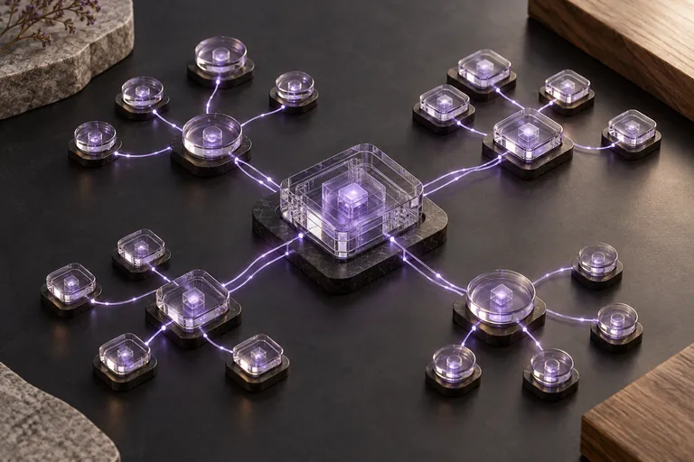 Abstract visualization of connected AI workflow nodes against a dark background