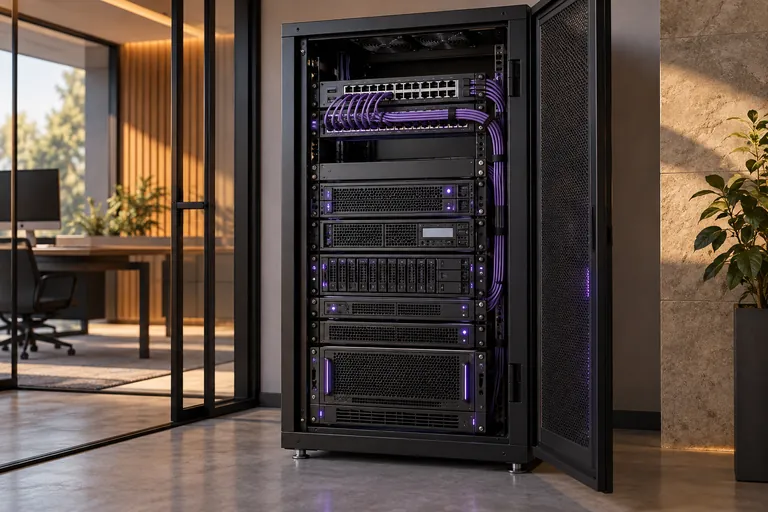 Server racks with neatly managed cabling in a modern infrastructure room