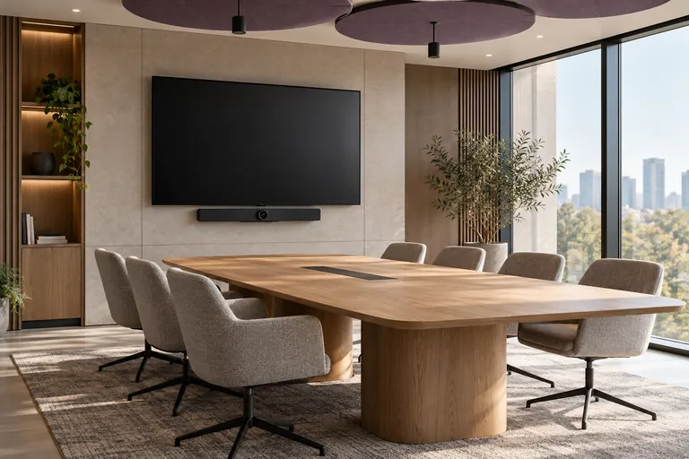 Modern conference room with a large display, video conferencing equipment and a meeting table