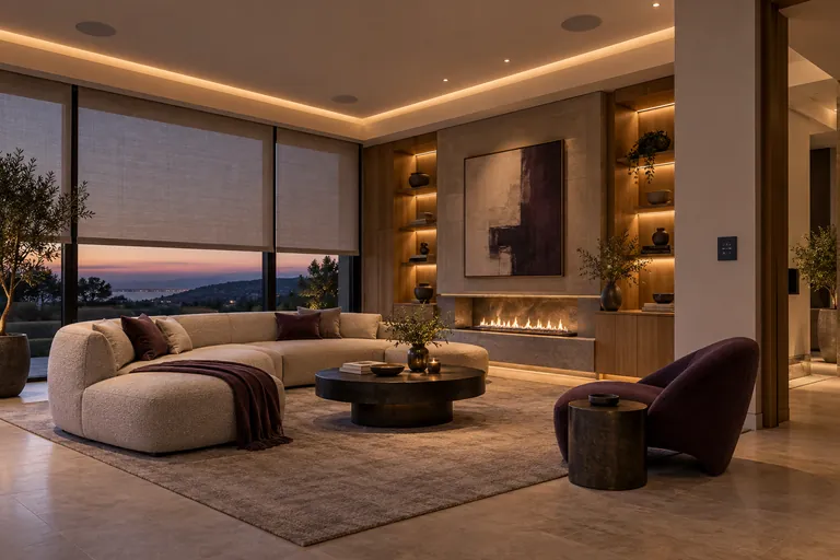 Contemporary living room with warm evening lighting and automated window shades