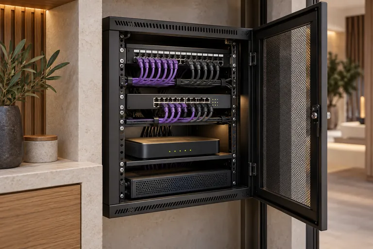 Organized home network cabinet with neatly routed Ethernet cables