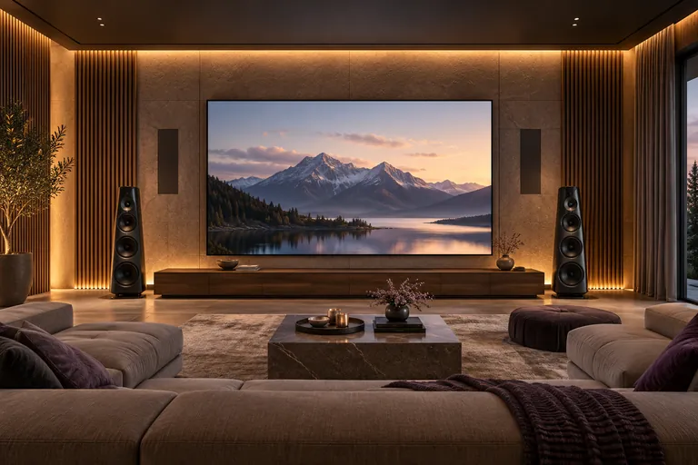Contemporary home theater with a large display, speakers and warm architectural lighting