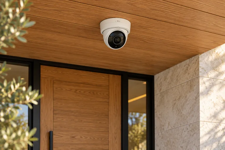 Security camera mounted beside a contemporary residential entryway