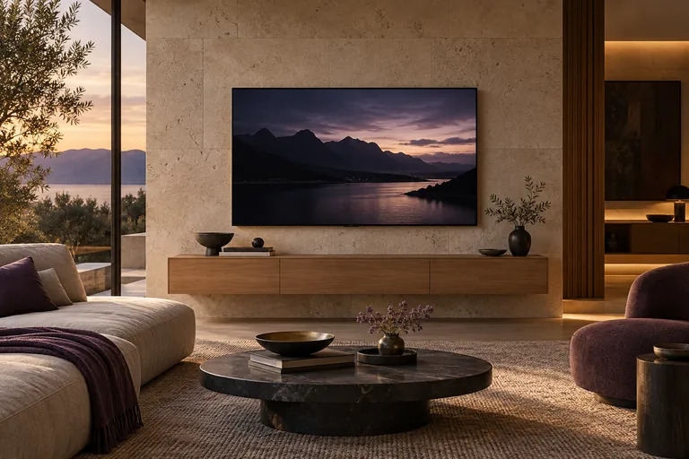 Wall-mounted television above a floating console in a contemporary living room